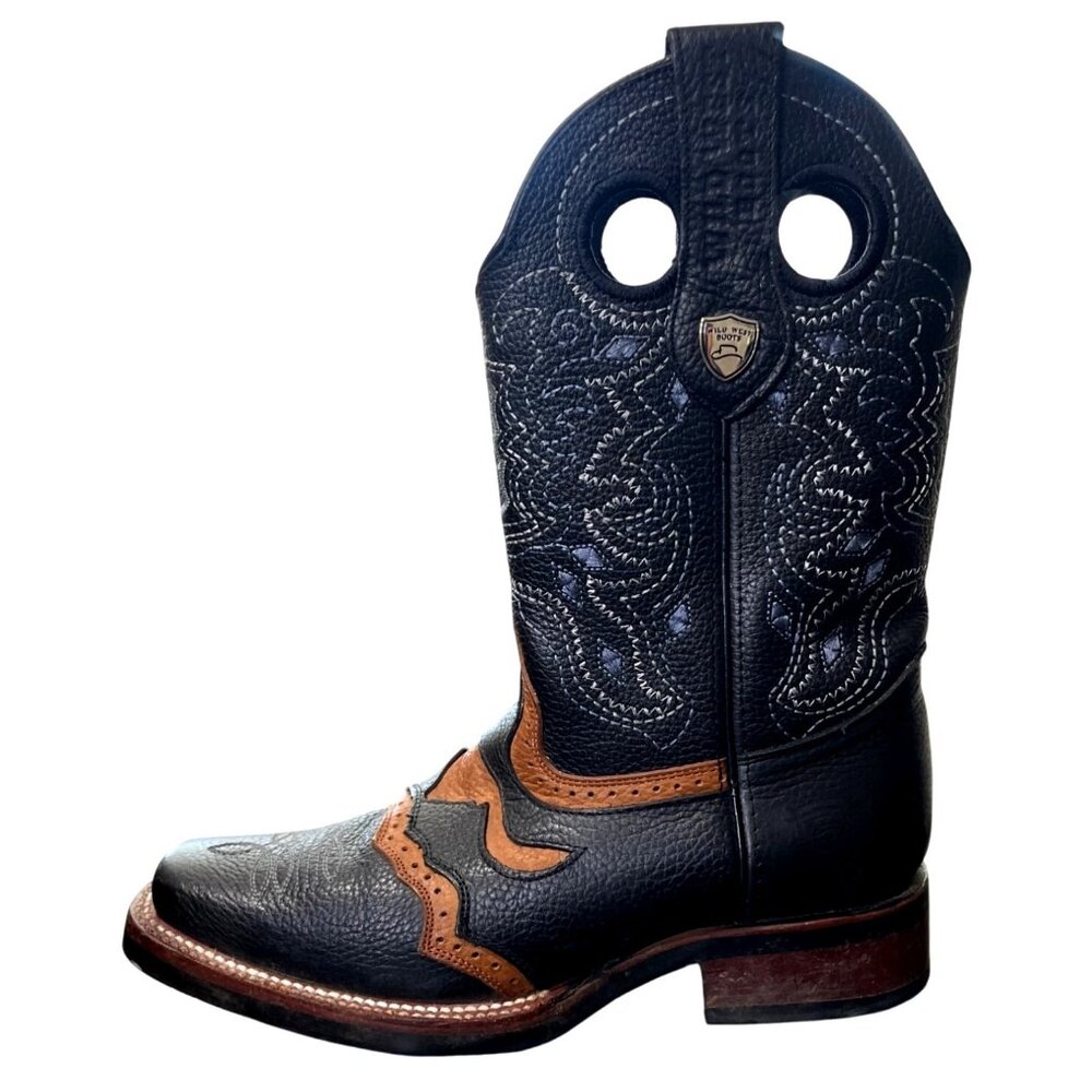 Wild West Leather Boots Square Toe Black Brown Cowboy Rodeo Mens Size 6.5 EE - Picture 4 of 9